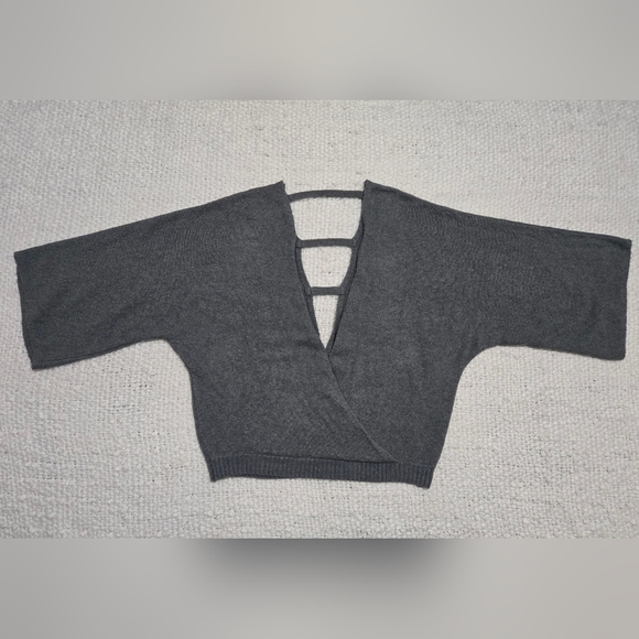 Deep V-Neck Wrap Sweater Dolman Sleeves Gray With Olive Green Hue Size Medium - Picture 6 of 12